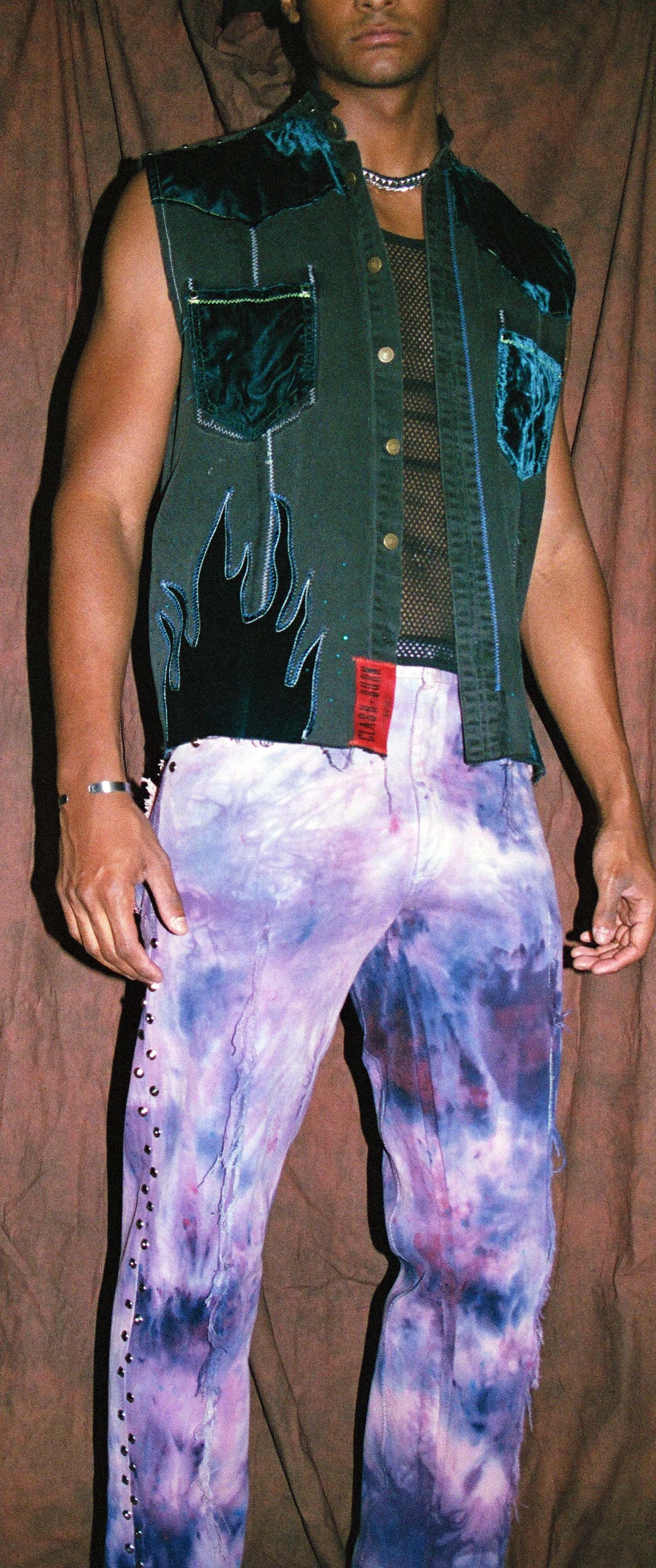 DENIM VELVET FLAMES WESTERN VEST