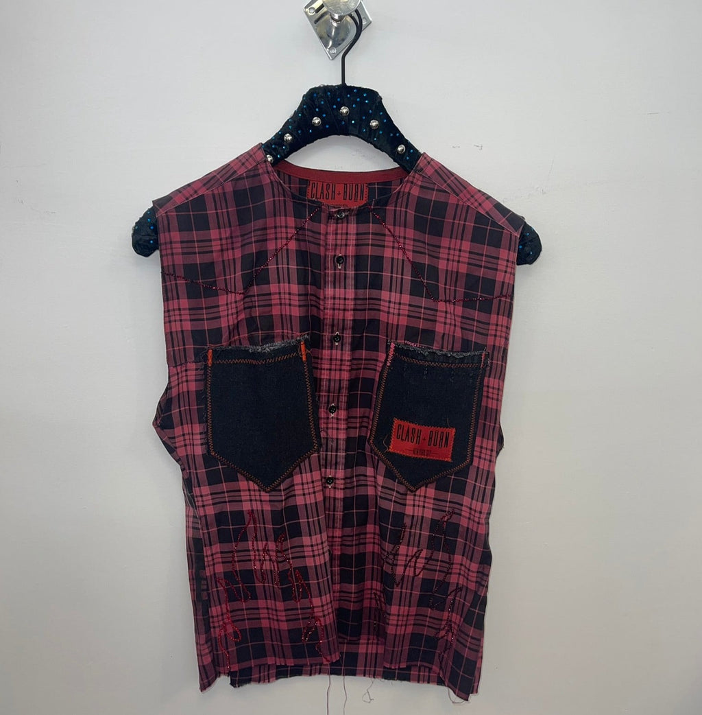 RED DYED CHECKERED MOTIF BUTTON UP