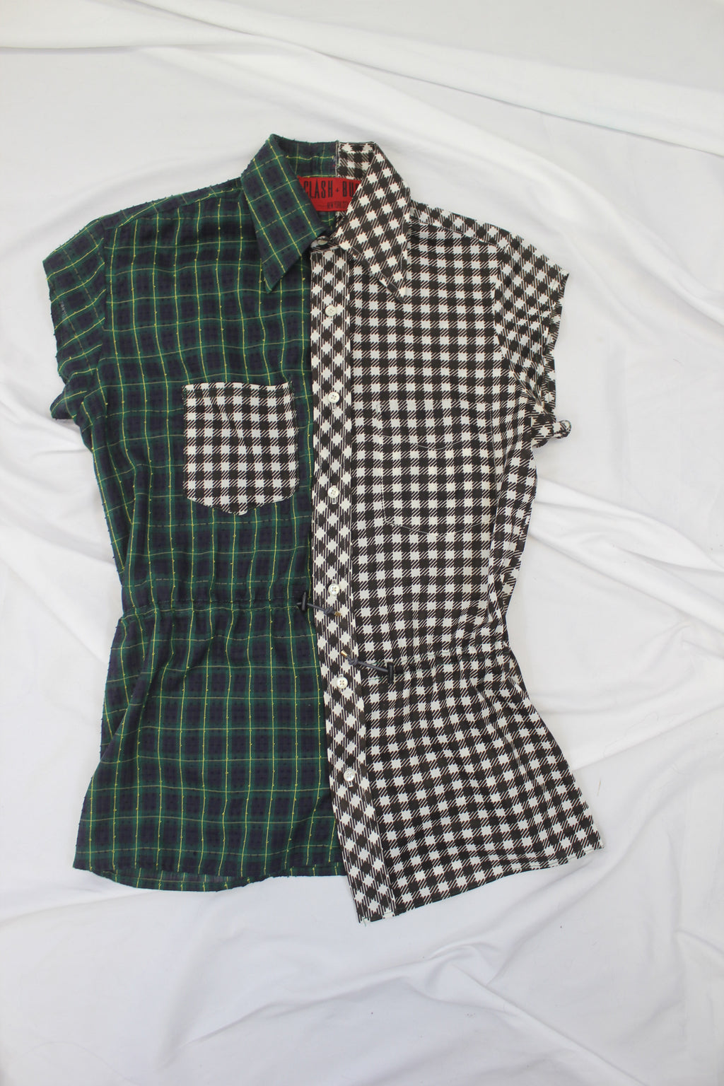 VINTAGE RECONSTRUCTED SPLICED TARTAN + SQUARE DRESS SHIRT SS