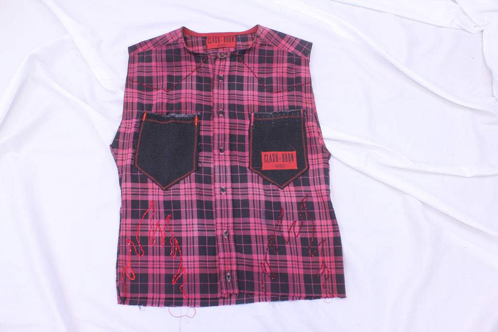 RED DYED CHECKERED MOTIF BUTTON UP