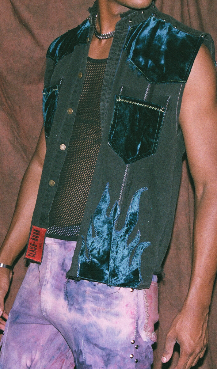 DENIM VELVET FLAMES WESTERN VEST