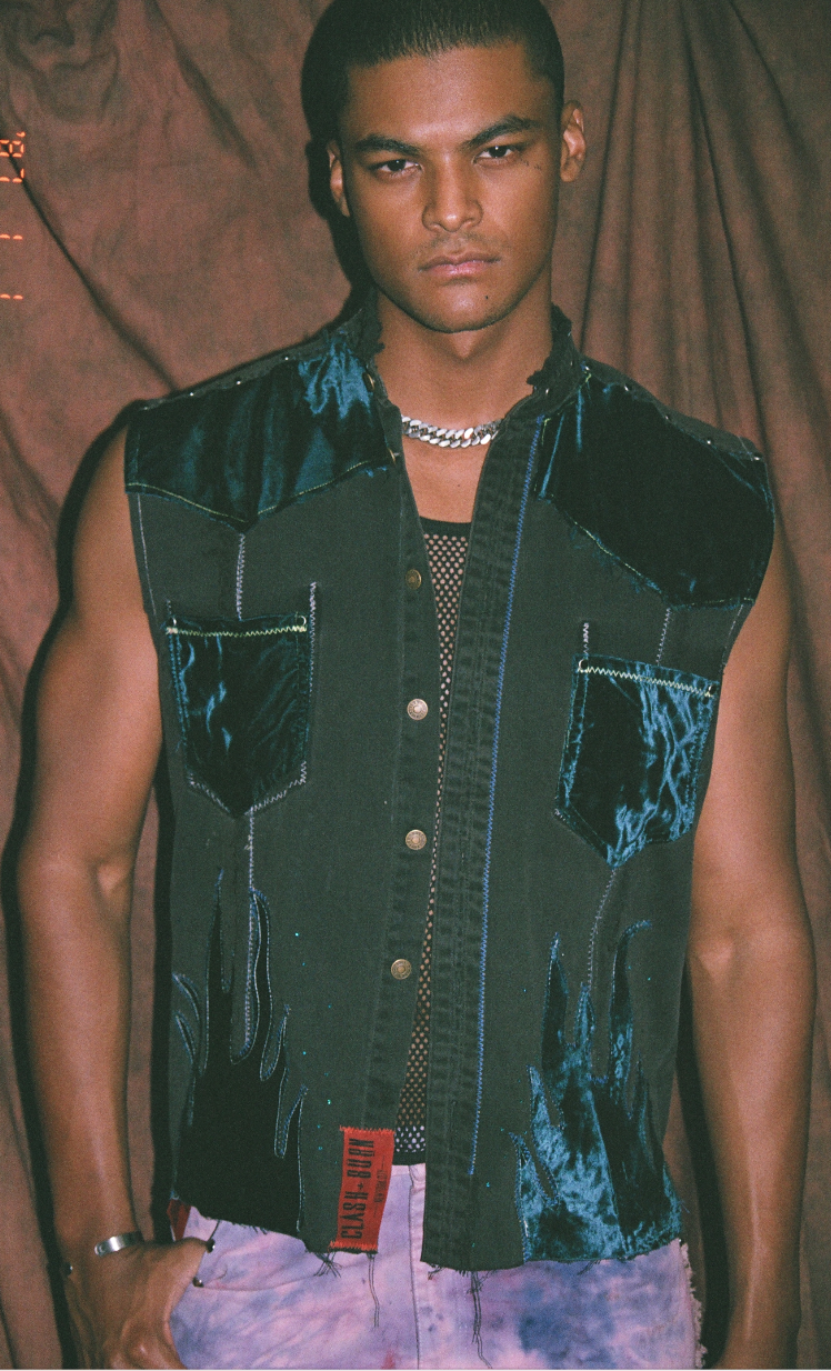 DENIM VELVET FLAMES WESTERN VEST